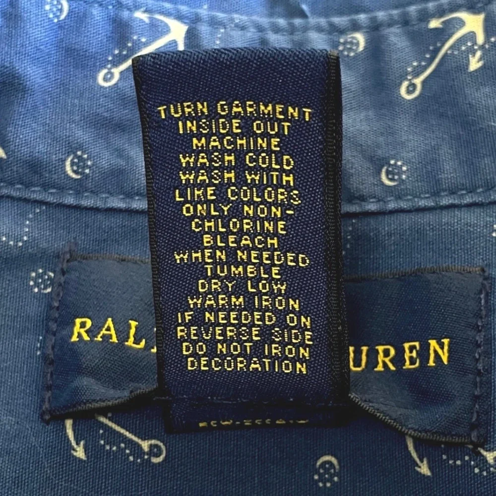 Ralph Lauren Kids Blue Anchor Print Cotton Button Down Shirt Size 4 Long‎ Sleeve